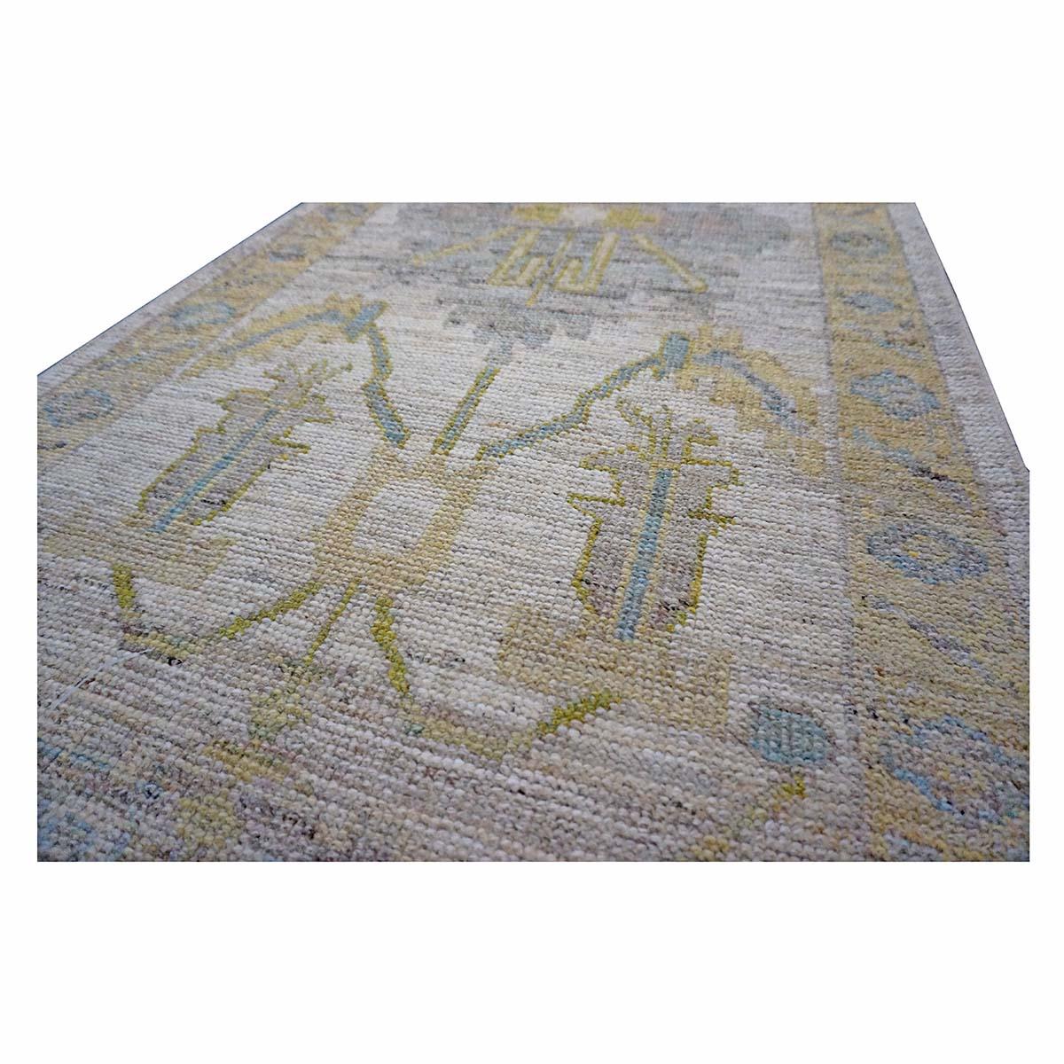 21st Century Turkish Oushak 3X18 Gold, Ivory & Charcoal Handmade Runner Rug In Excellent Condition For Sale In Houston, TX