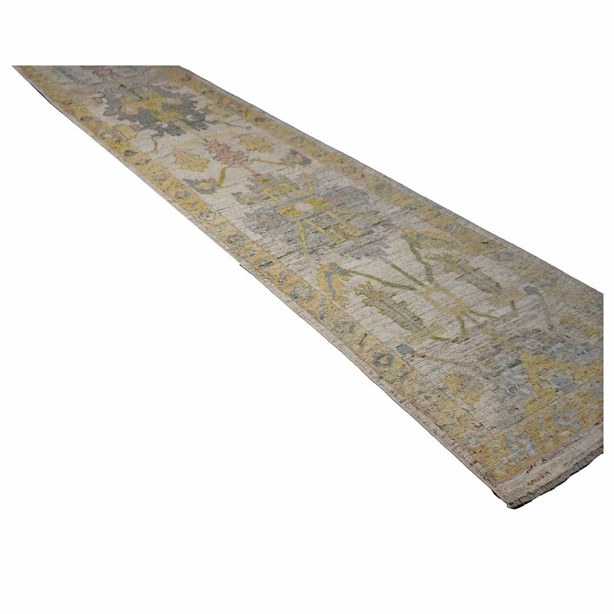 21st Century Turkish Oushak 3X18 Gold, Ivory & Charcoal Handmade Runner Rug For Sale 4