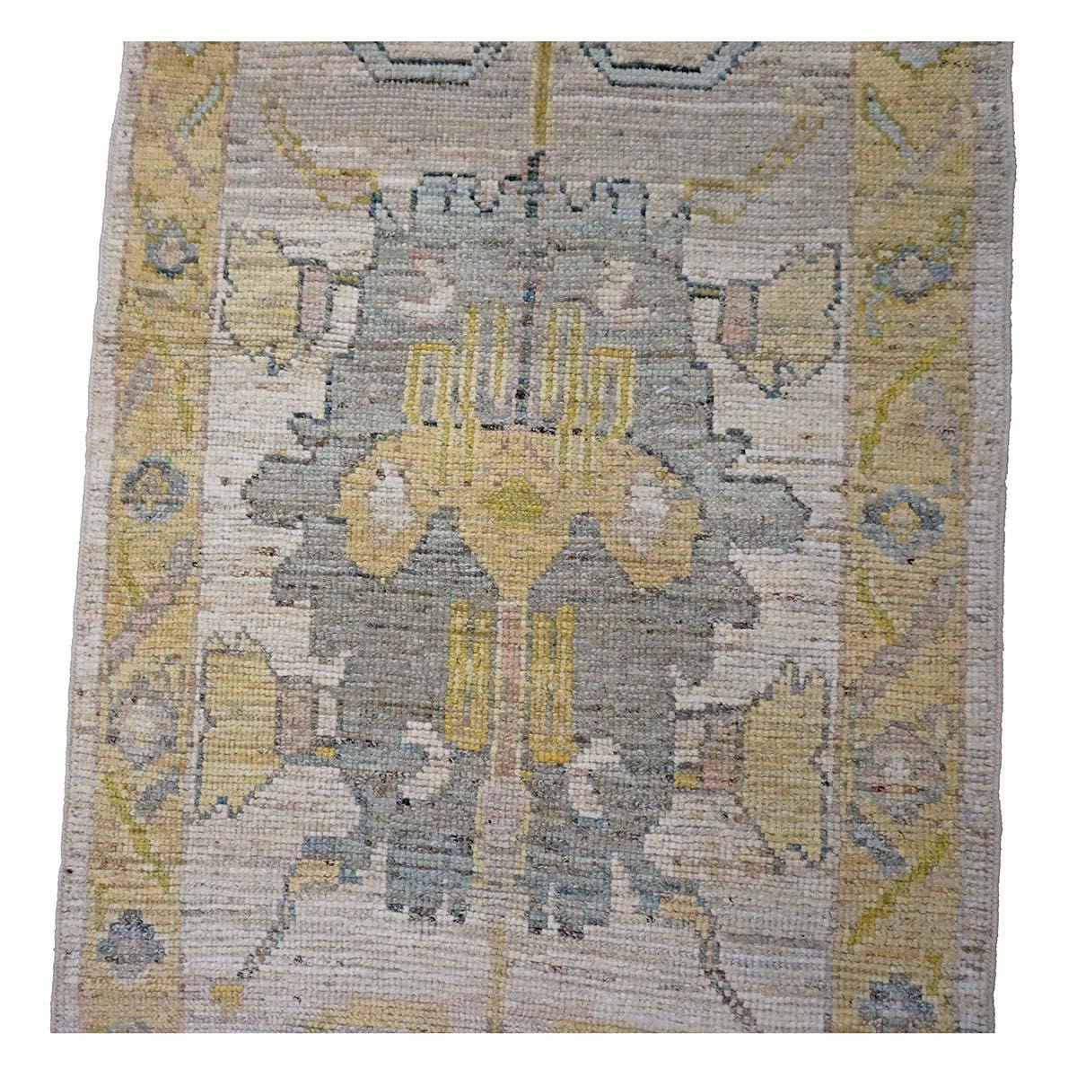 21st Century Turkish Oushak 3X18 Gold, Ivory & Charcoal Handmade Runner Rug For Sale 1