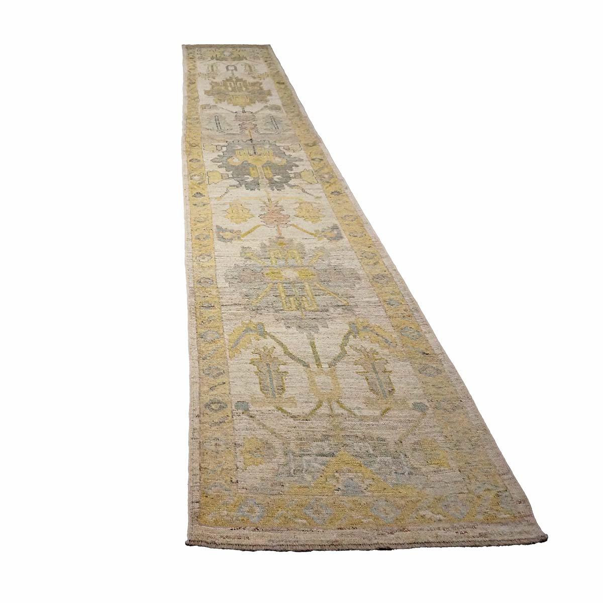 21st Century Turkish Oushak 3X18 Gold, Ivory & Charcoal Handmade Runner Rug For Sale 3