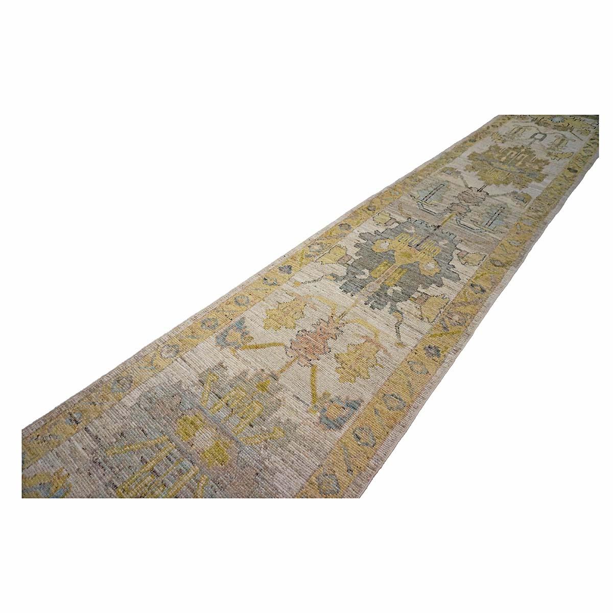 21st Century Turkish Oushak 3X18 Gold, Ivory & Charcoal Handmade Runner Rug For Sale 5