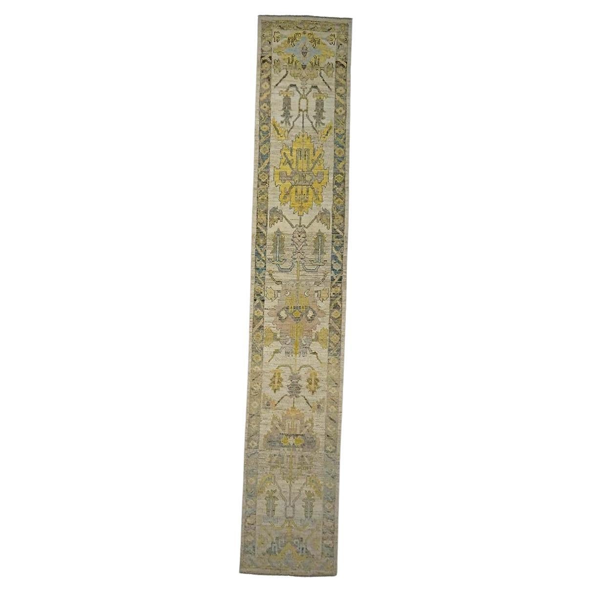 21st Century Turkish Oushak 3X18 Gold, Ivory & Charcoal Handmade Runner Rug