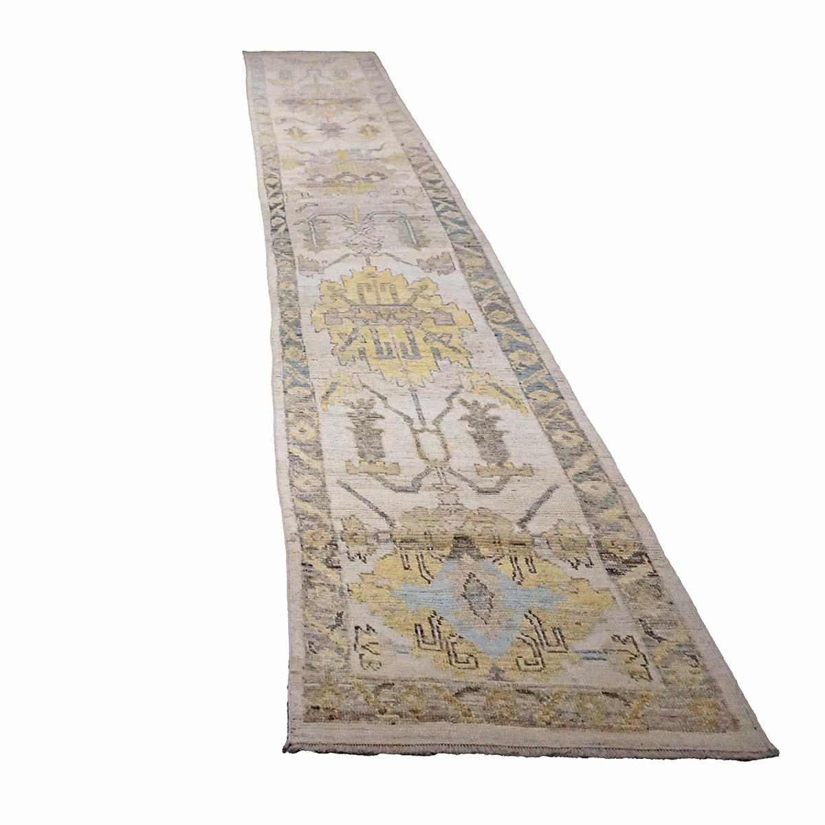 Hand-Woven 21st Century Turkish Oushak 3X18 Gold, Ivory & Charcoal Handmade Runner Rug For Sale