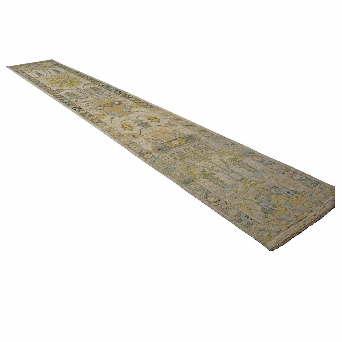 21st Century Turkish Oushak 3X18 Gold, Ivory & Charcoal Handmade Runner Rug In Excellent Condition For Sale In Houston, TX
