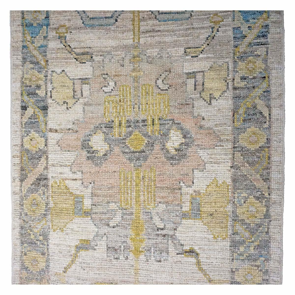 21st Century Turkish Oushak 3X18 Gold, Ivory & Charcoal Handmade Runner Rug For Sale 1