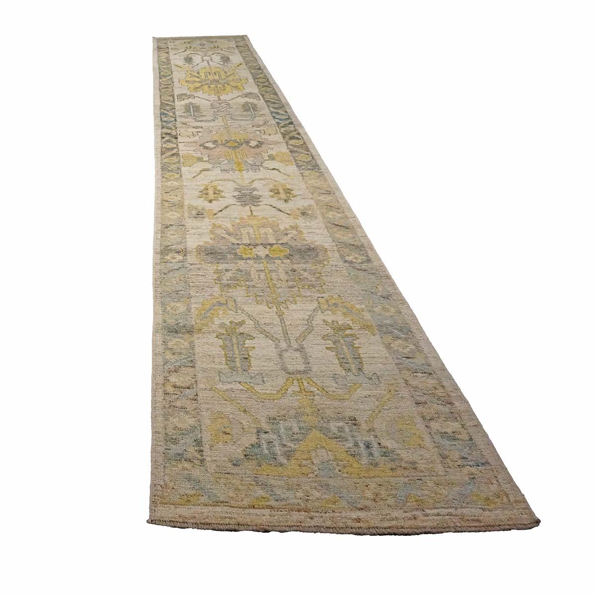 Contemporary 21st Century Turkish Oushak 3X18 Gold, Ivory & Charcoal Handmade Runner Rug For Sale
