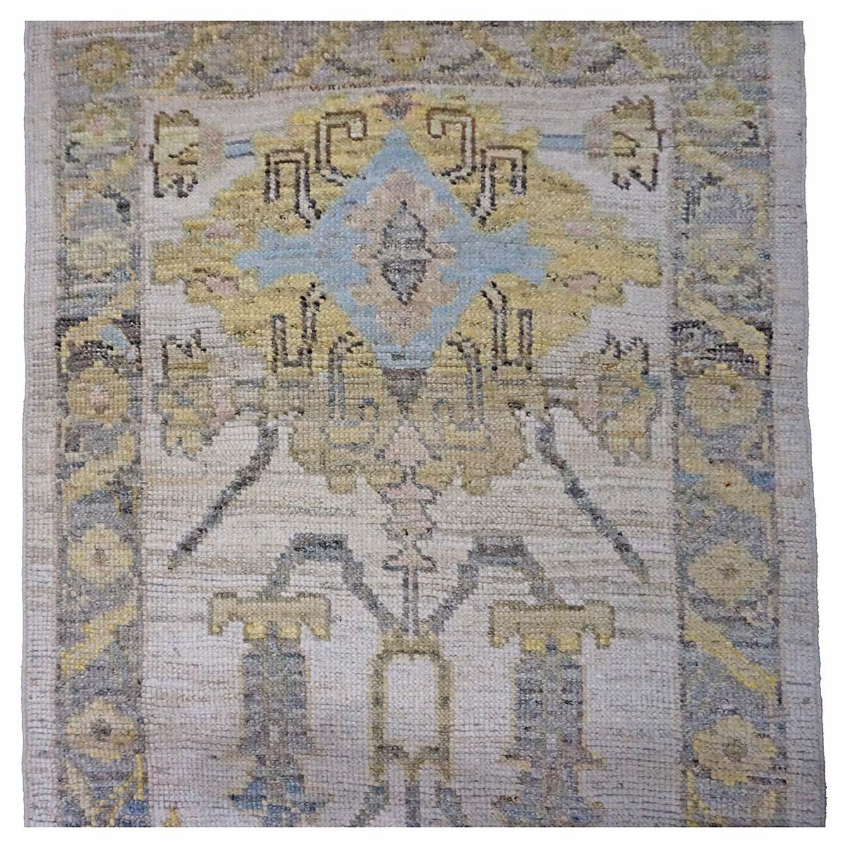 Wool 21st Century Turkish Oushak 3X18 Gold, Ivory & Charcoal Handmade Runner Rug For Sale