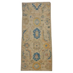 21st Century Turkish Oushak 3X6 Gold, Ivory & Slate Blue Handmade Runner Rug