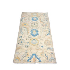 21st Century Turkish Oushak Wool 3X6 Ivory, Yellow & Blue Handmade Runner Rug