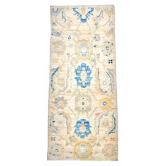21st Century Turkish Oushak Wool 3X6 Ivory, Yellow & Blue Handmade Runner Rug