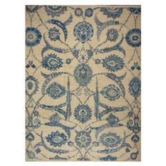 21st Century Turkish Oushak 9x12 Ivory & Slate Blue Handmade Runner Rug