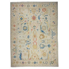 21st Century Turkish Oushak 10X14 Ivory, Red & Slate Blue Handmade Runner Rug