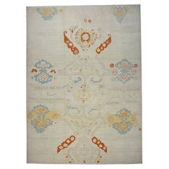 21st Century Turkish Oushak 10X14 Ivory, Orange & Slate Blue Handmade Runner Rug