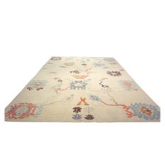 Turkish Oushak Wool 12X16 Ivory, Orange & Slate Blue Handmade Area Rug
