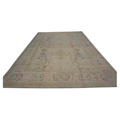 21st Century Turkish Oushak 10X14 Ivory, Brown & Slate Blue Handmade Runner Rug