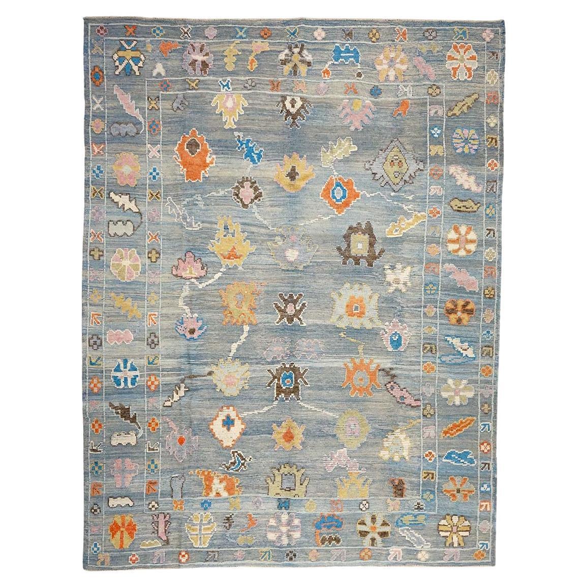 Tappeto Oushak turco del 21° secolo 9x12 grigio, arancione e blu ardesia fatto a mano