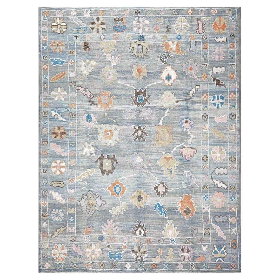 21st Century Turkish Oushak Wool 9x12 Slate Blue & Ivory Handmade Area Rug