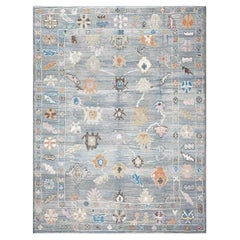 21st Century Turkish Oushak Wool 9x12 Slate Blue & Ivory Handmade Area Rug
