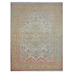 21st Century Turkish Oushak 10X13 Green, Ivory & Orange Handmade Runner Rug