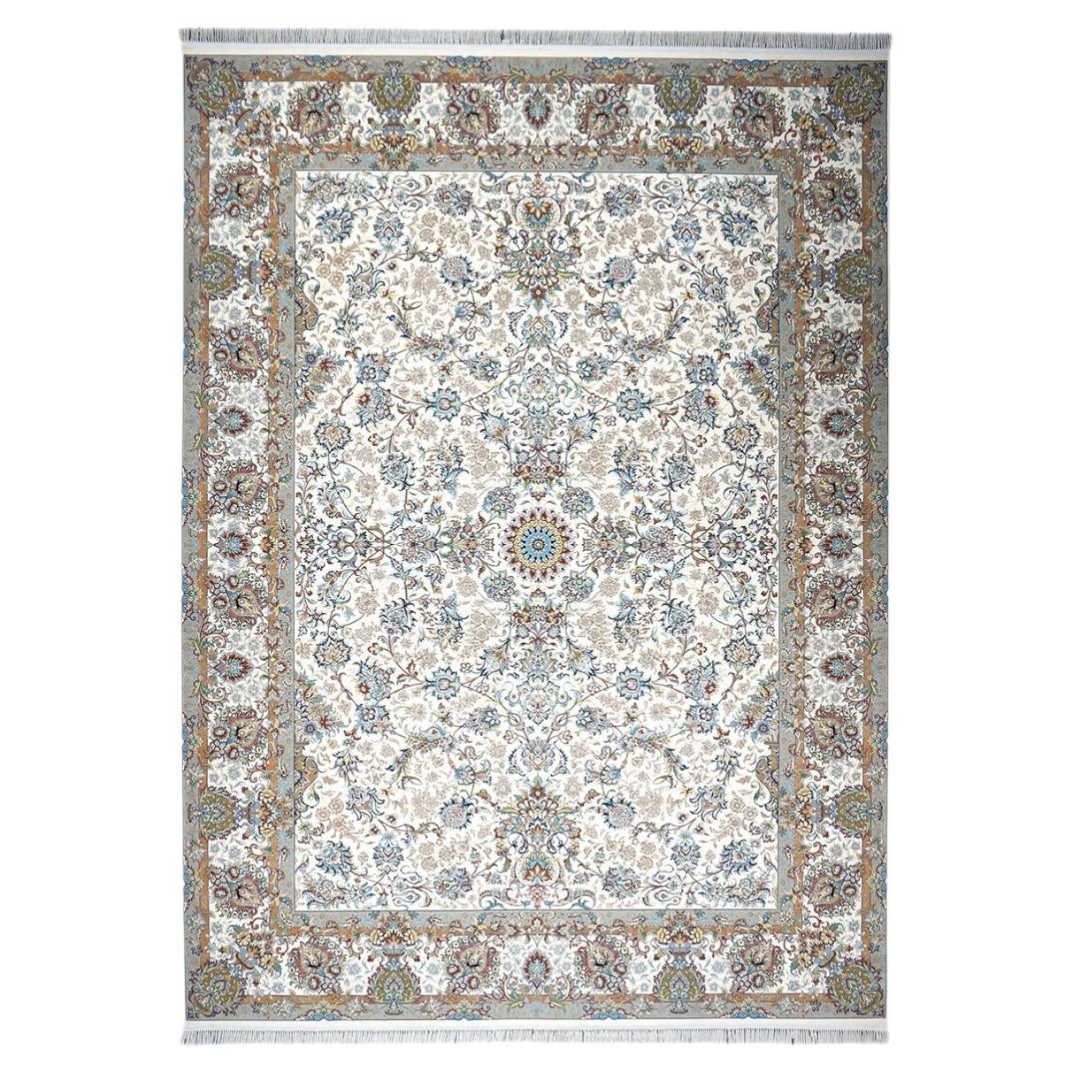 Turkish Tabriz Acrylic 10x13 Ivory, Grey & Blue Machine Made Area Rug For Sale