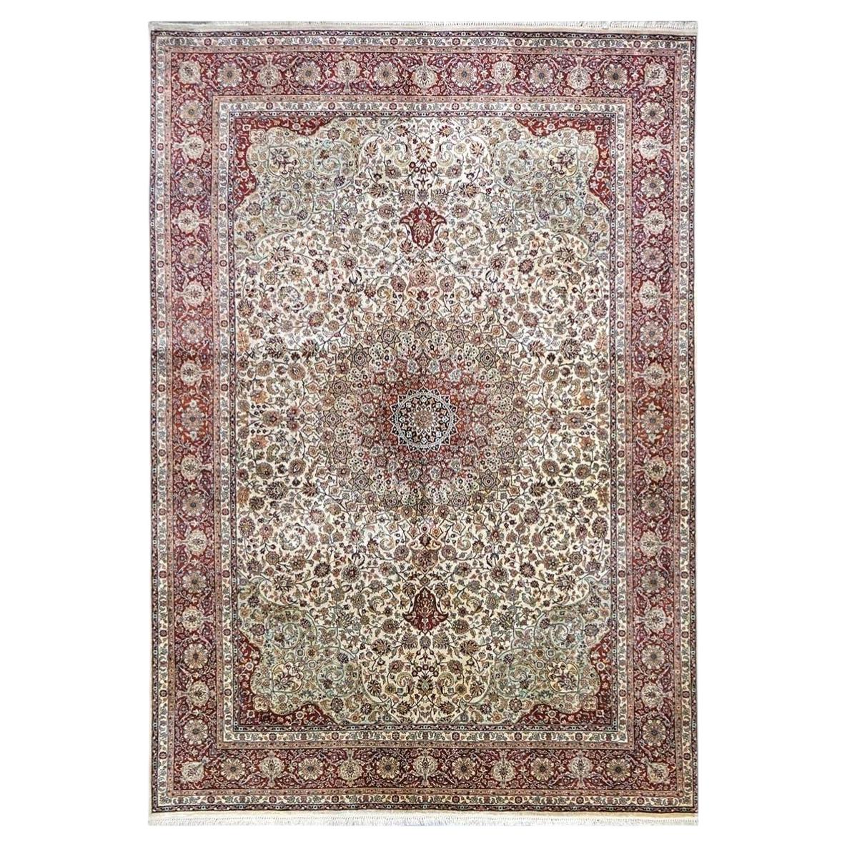 Vintage Turkish Hereke Silk 6x8 Ivory & Red Handmade Area Rug