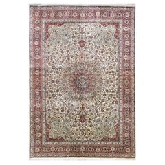 Vintage Turkish Hereke Silk 6x8 Ivory & Red Handmade Area Rug