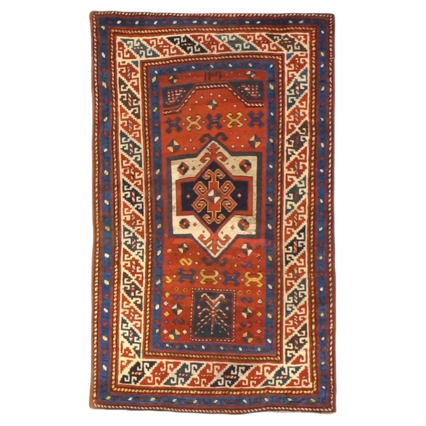 Antique Azarbaijani Kazak Wool 3x5 Rust, Blue & Ivory Handmade Area Rug