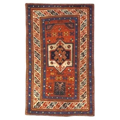 Antique Azarbaijani Kazak Wool 3x5 Rust, Blue & Ivory Handmade Area Rug