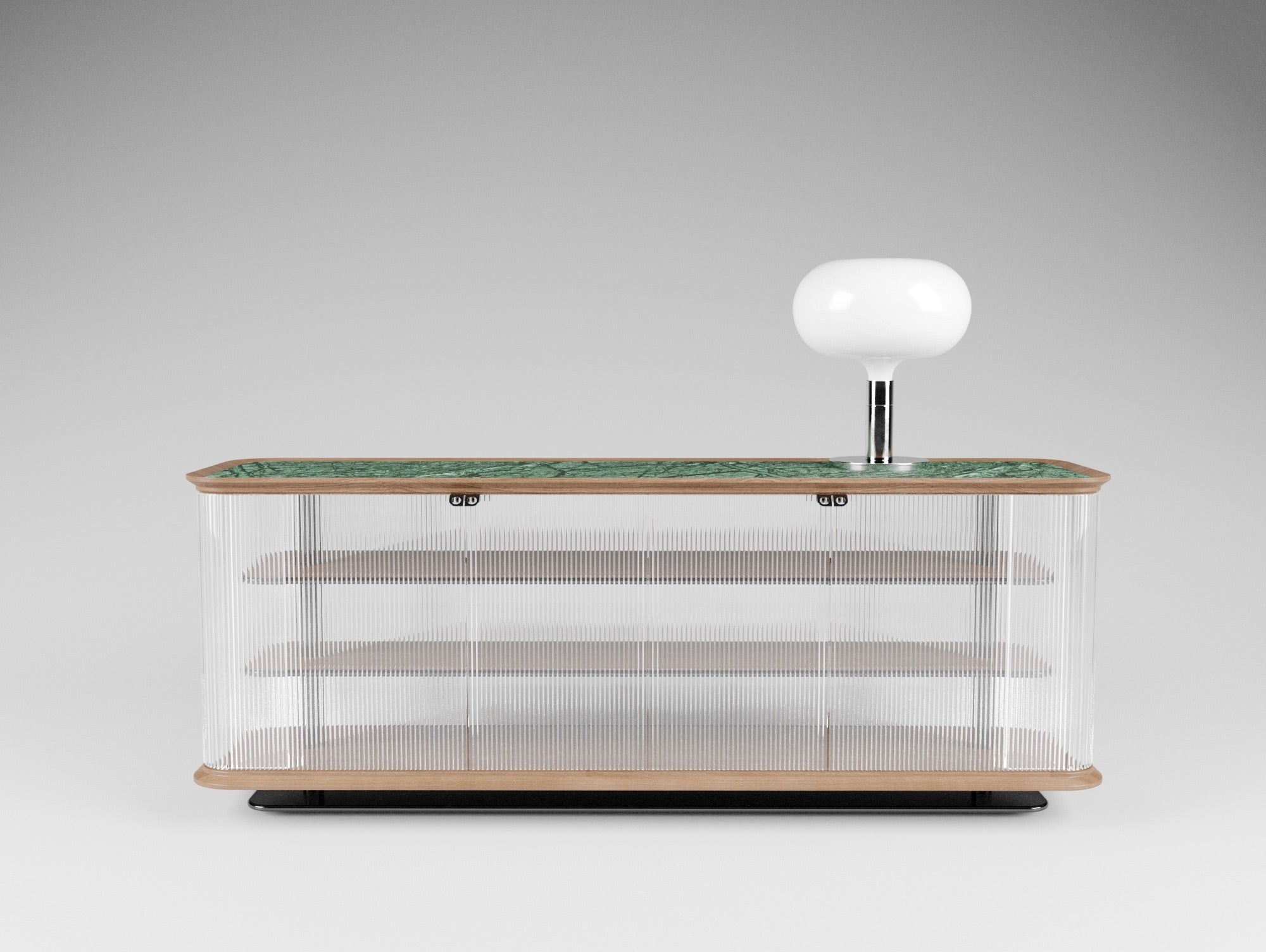 Contemporary Sagaría Sideboard Doppelseitiges Glas Italienischer Nussbaum Grüner Marmor