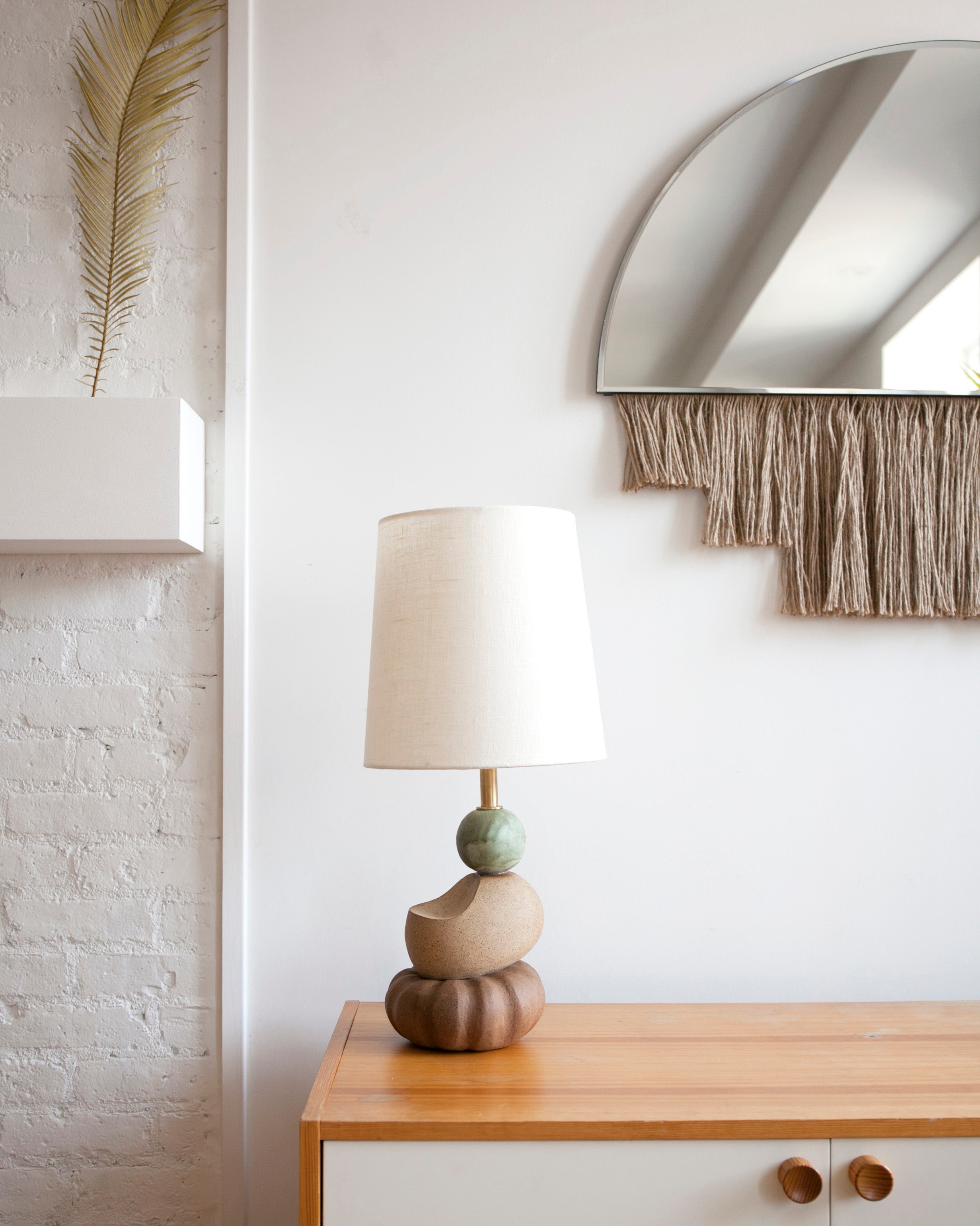 Huron Sculptural Stacked Ceramic Lamp with Custom Glazes and Linen Shade For Sale