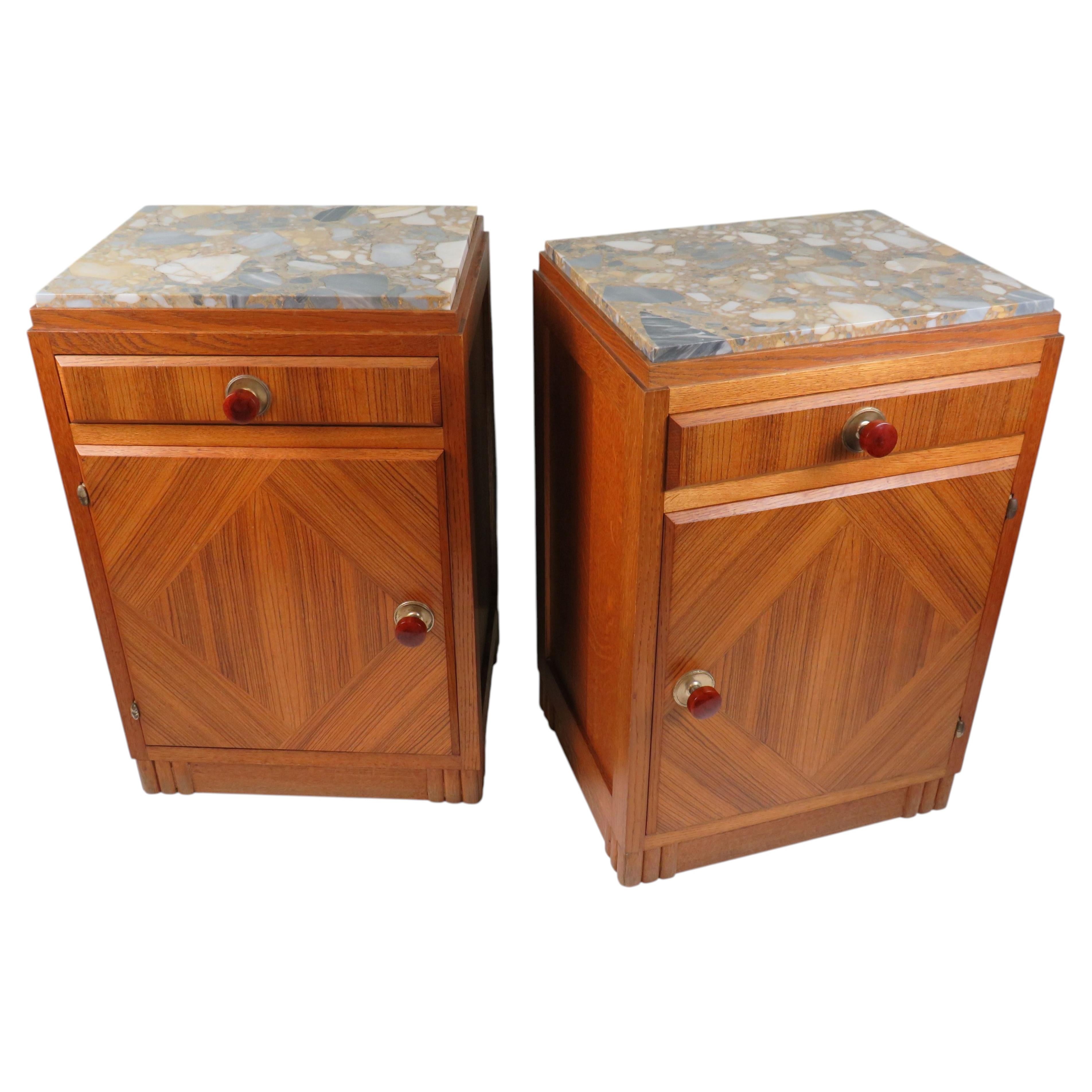 Pair of French Art Deco Oak Nightstands with Inset Marble Tops For Sale