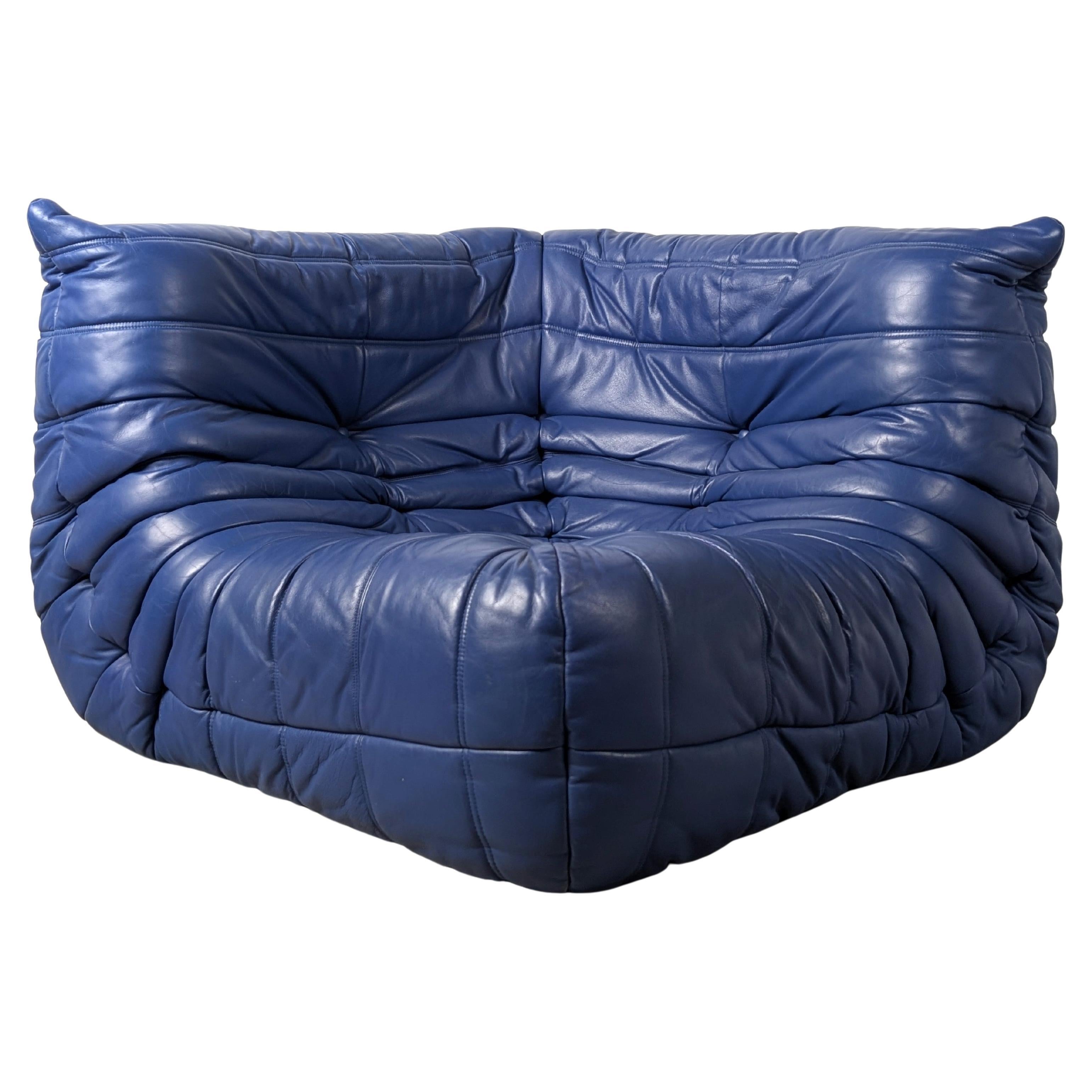 Michel Ducaroy Ligne Roset Blue Leather Togo Corner Sofa France 1980s