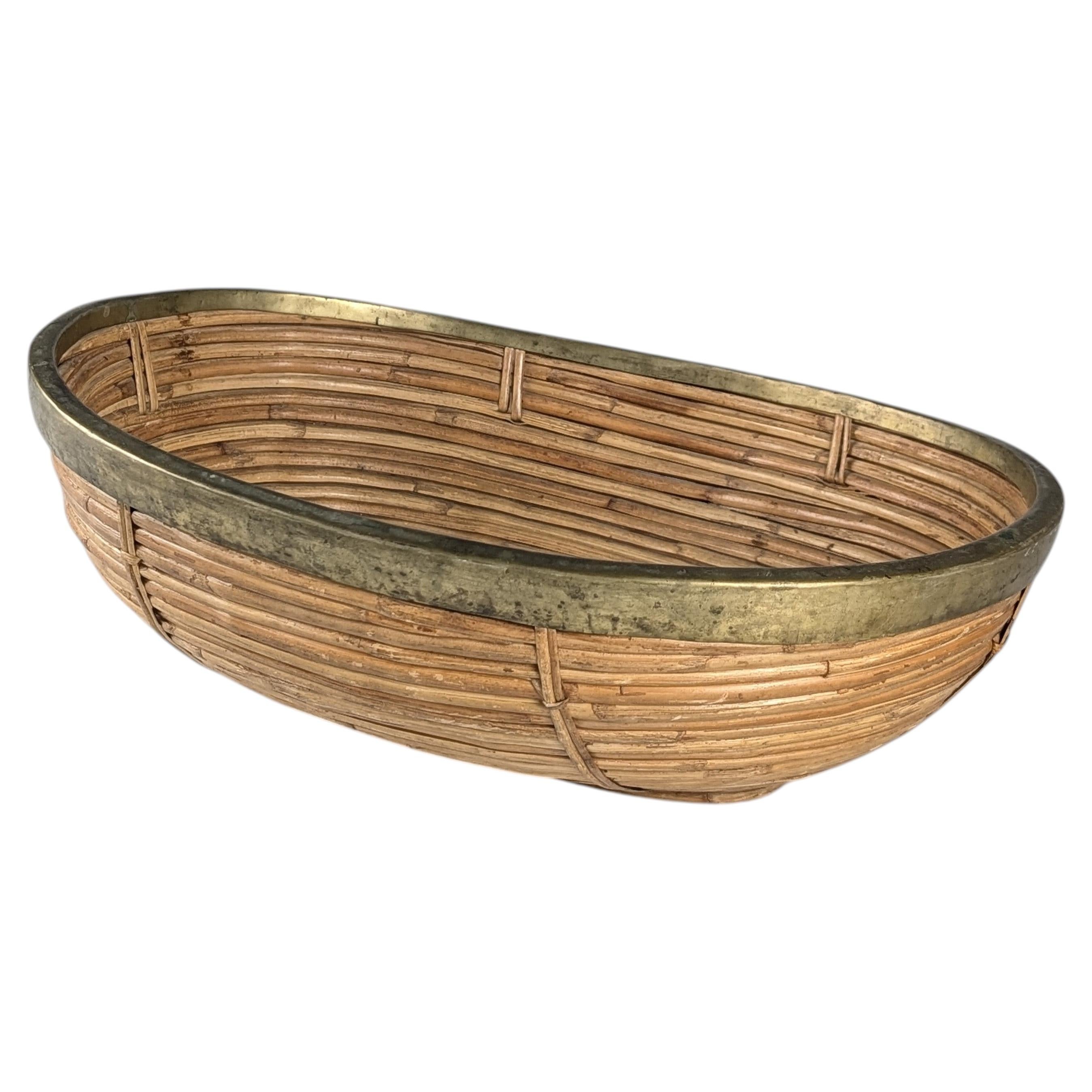 Italian Mid-Century Rattan and Brass Oval Centerpiece Bowl, 1970s