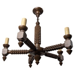 French Brutalist Carved Wood Chandelier, Style of Charles Dudouyt, 1940s