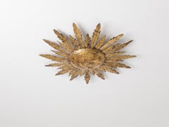 Mid-Century Gilt Metal Sunburst Flush Mount Ceiling Light with Leaf Rays, 1950s