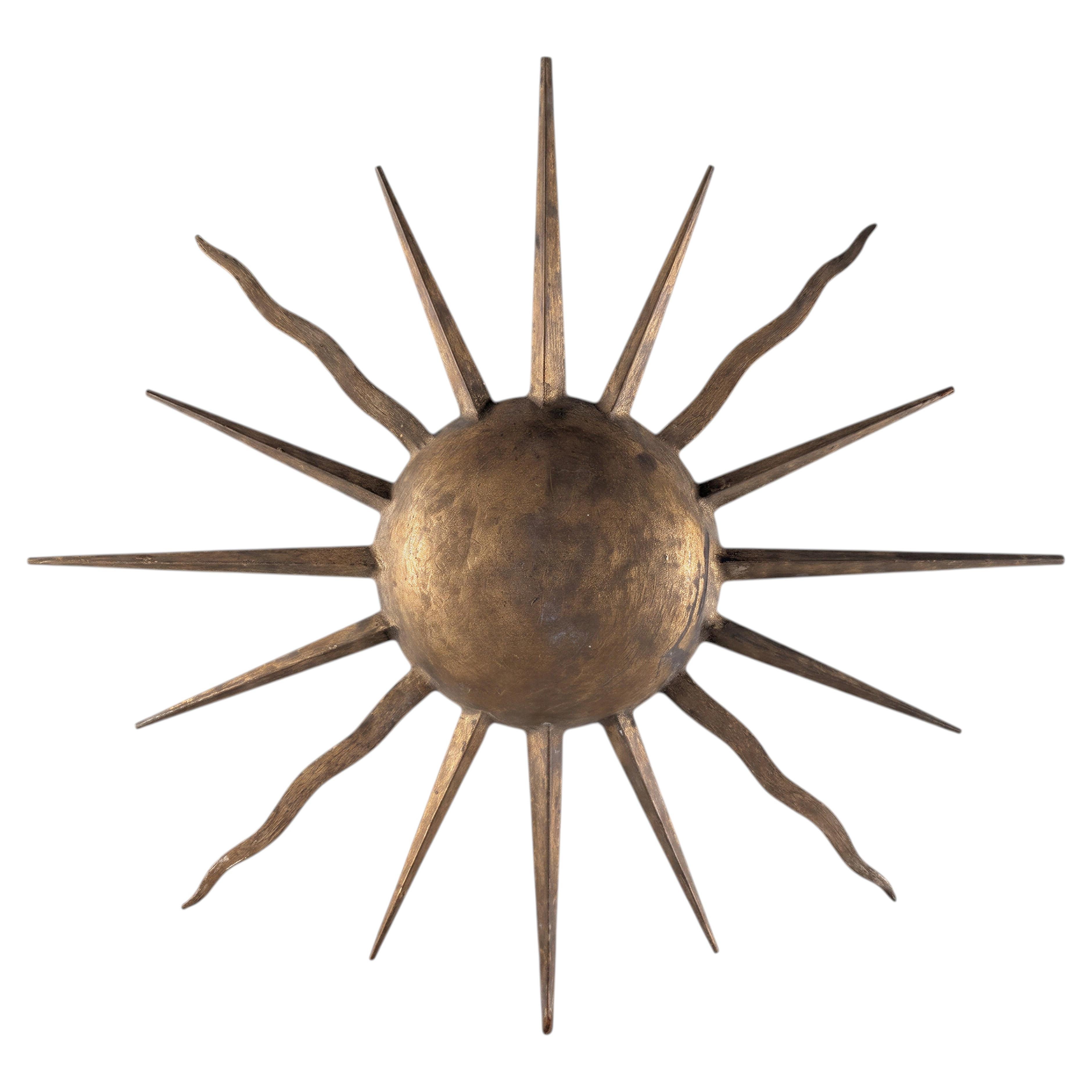 Large Mid-Century Gilt Metal Sunburst Flush Mount Ceiling Lamp, 1960s For Sale