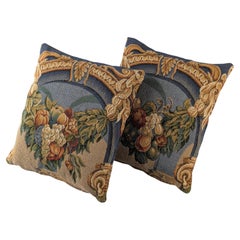 Pair of 19th-Century Tapestry Pillows with Fruit and Floral Motifs
