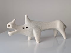 Roberto Rigon Mid-Century White Ceramic Rhinoceros Sculpture, Italy 1970s