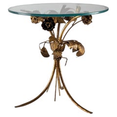 Mid-Century Gilt Metal Floral Rose Side Table 1970s