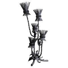 Organic Brutalist Black Wrought Iron Five-Light Thistle Floor Lamp, 1970s