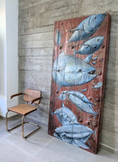 19th-Century Spanish Farmhouse Door with Painted Tuna Marine Mural
