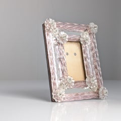 Venetian Murano Pink Glass Mirror Picture Frame Floral Rosettes, Italy 1960s