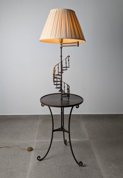 French Guéridon Floor Lamp with Spiral Staircase, Iron and Brass, Mid-Century
