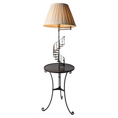 French Guéridon Floor Lamp with Spiral Staircase, Iron and Brass, Mid-Century