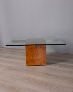 Table basse vintage des années 70 en ronce de noyer et verre, design italien