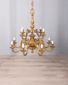 Classic 12-light chandelier in gilded bronze, mid-20th century