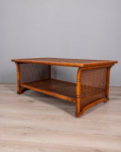 Vintage 1960s Coffee Table Made of Wood and Vienna Straw, Italian Design