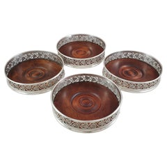 19th Set of 4 Solid Silver and Wood Bottles Coaster