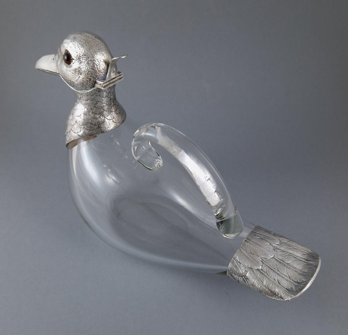 Caraffa a forma di anatra in vetro e argento sterling in vendita 2