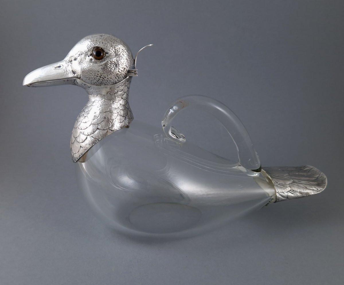 Inizio XX secolo Caraffa a forma di anatra in vetro e argento sterling in vendita